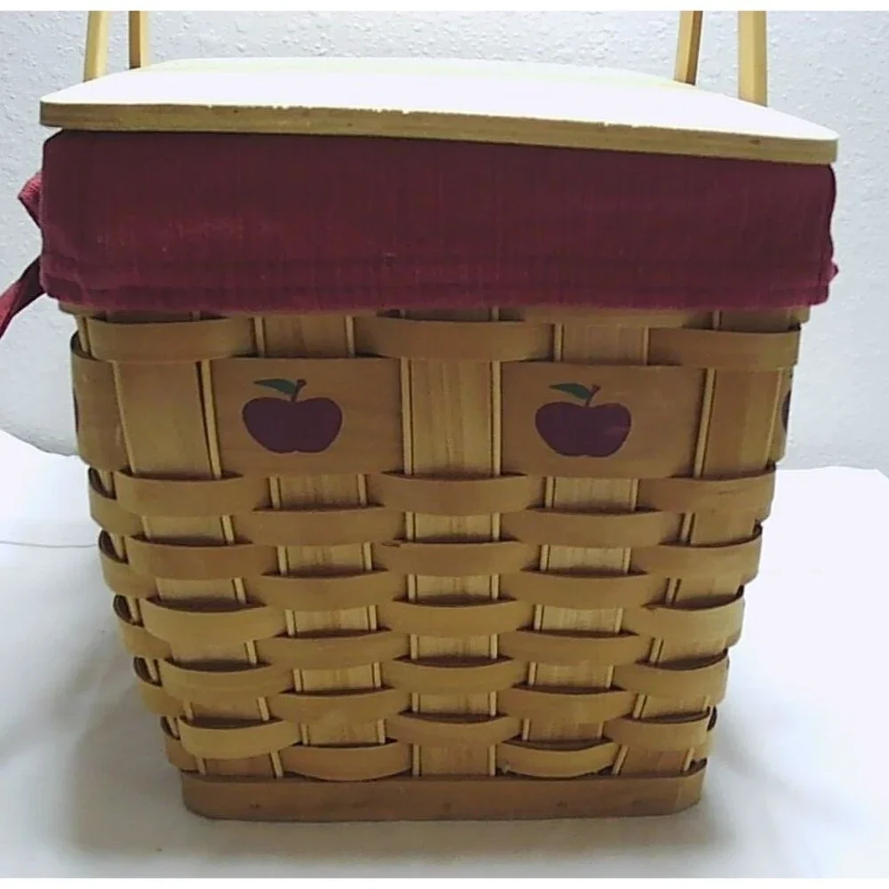 Vintage Longaberger Basket w/Apple Motif Lid, Handles, Fabric Liner 12x8x8.5